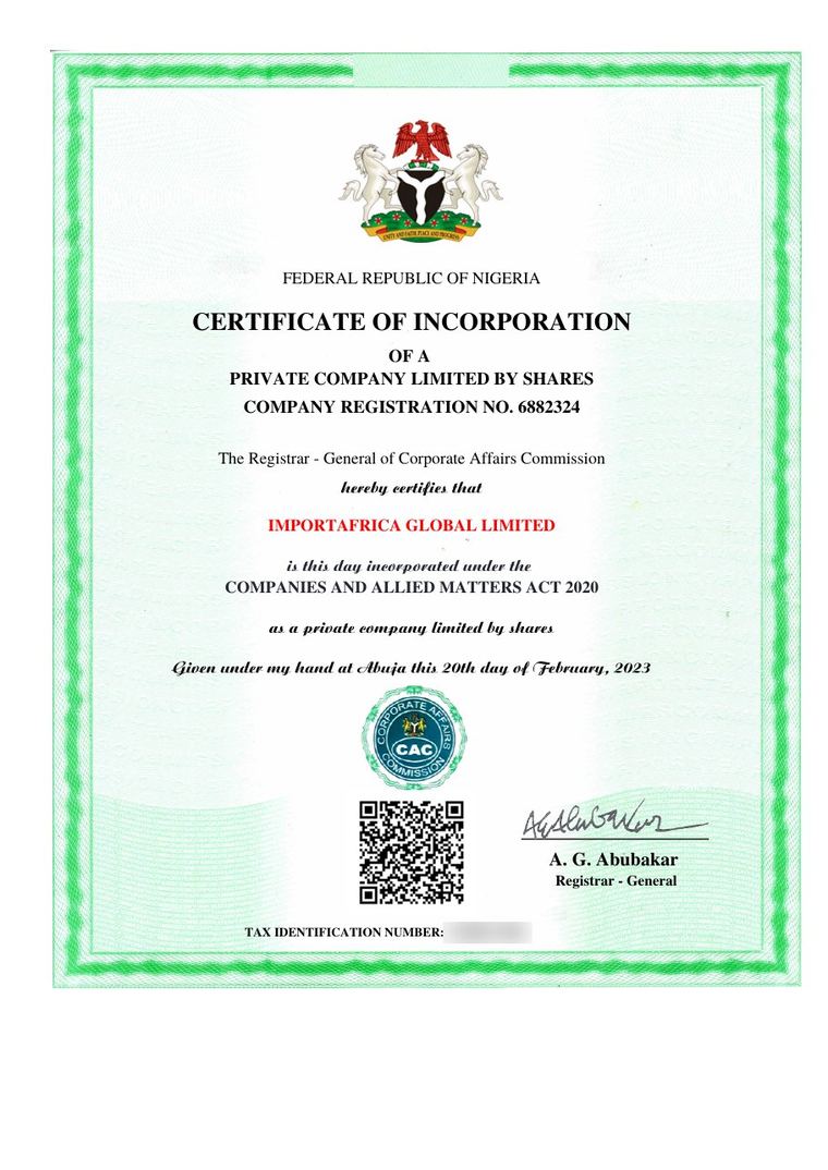 CAC certificate of incorporation for ImportAfrica Global Limited